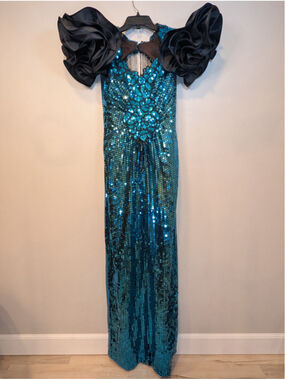 Vintage 80s Alyce Designs Sequin Prom Dress Mermaid Gown Black Rosette XS/SM